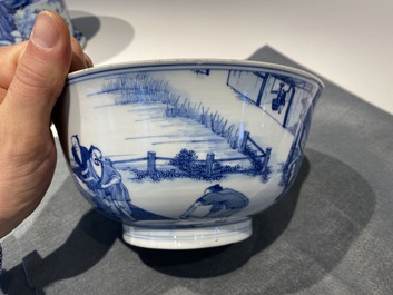 An imperial Chinese blue and white 'rice production' bowl, Kangxi mark and of the period